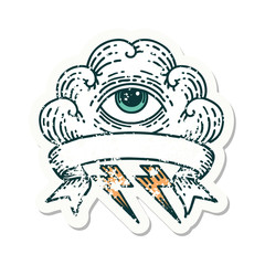 grunge sticker with banner of an all seeing eye cloud