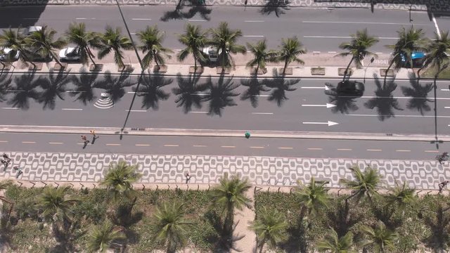 Ipanema beach and boulevard with palm trees along and in between the sidewalk, bike path and avenue roads. Approach and top down aerial view in Rio de Janeiro during the COVID-19 Corona virus outbreak