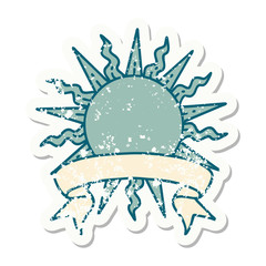 grunge sticker with banner of a sun
