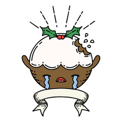 banner with tattoo style christmas pudding character crying