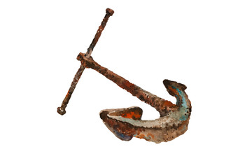 Aged watercolor anchor with rust, for a long time stay underwater. Original hand painted illustranion isolated on a white background. © nathings