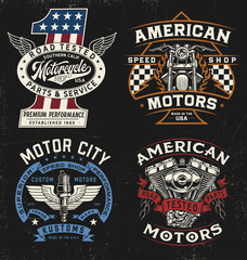 Vintage motorcycle badge, label, logo, t-shirt graphic set