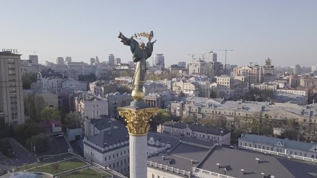 Empty Independence Square/Maidan Nezalezhnosti. Independence monument Berehynia, Drone View 4k, Kyiv, Ukraine