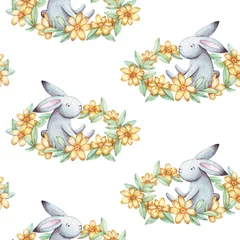 Fototapete Hase Nettes nahtloses Musteraquarellkarikaturhäschen mit Blumenkranz. Sommer-Abbildung. Für Babytextilien, Stoffe, Drucke und Tapeten.