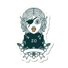 elf rogue character with natural twenty dice roll sticker