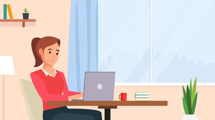 woman sitting on chair and working from home on laptop during corona virus pandemic quarantine in flat icon design