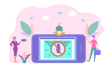 People are testing new software. Search for the virus. The virus enters a computer or smartphone through a mailbox. Beta testing or testing a new product, antivirus sale concept.