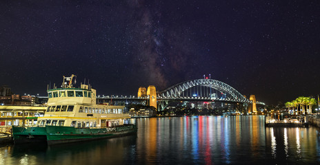 Panoramic view of the Sydney Harbour at a starry night, Australia.