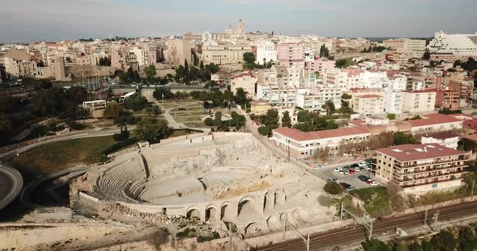 Aerial view of ruins of ancient Roman amphitheater in Spanish city of Tarragona