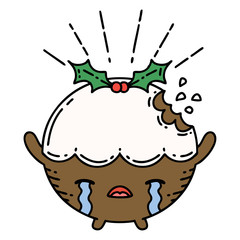 traditional tattoo style christmas pudding character crying