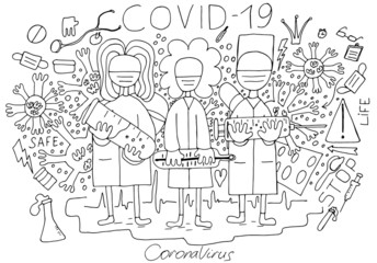 Hand-drawing set on a medical theme. Three simple doctors with test tube thermometer and syringe. People who protect us from coronavirus. Stock illustration COVID-19 drawn by pen on a white back.