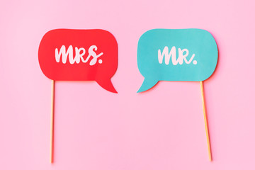 Photo booth props isolated on pink background. Top view.