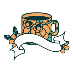 tattoo with banner of a cup and flowers