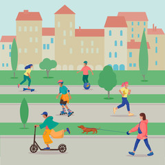 Six boys and girls are engaged in an active form of recreation in urban environment:running,walking dog,roller skating,skateboarding,using electric scooter,monocycle. Flat cartoon vector illustration.