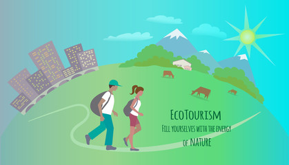 Obraz na płótnie Canvas Ecotourism poster. Man and woman walk from a city to nature with cows, mountains, green pastures.Vector illustration in flat style.