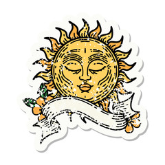 grunge sticker with banner of a sun