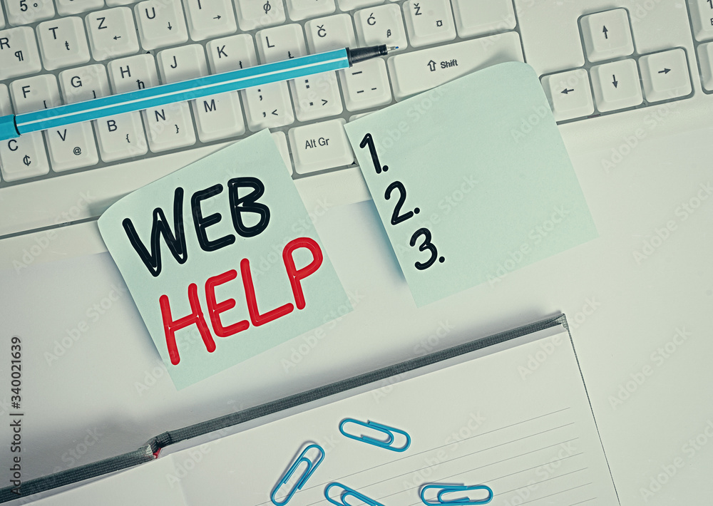 Aufkleber word writing text web help. business photo showcasing procedural or reference information delivered 