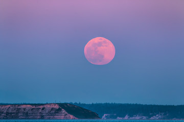 Pink supermoon rising over Protection Island Puget Sound, Strati of Juan de Fuca