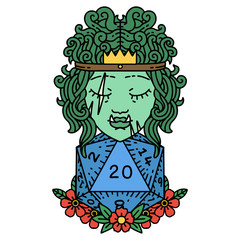 half orc barbarian with natural twenty dice roll illustration