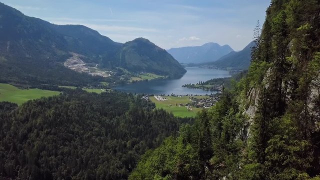 Flight over of Grundlsee lake in Salzkammergut, Styria, Austria