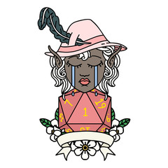 crying elf bard character with natural one D20 roll illustration