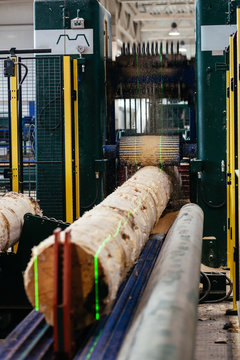 sawing a log at a sawmill using a machine, automatic production at a woodworking plant, factory