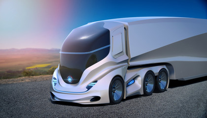 Obraz na płótnie Canvas 3D rendering of a brand-less generic concept truck. Electric autonomous truck in outside environment