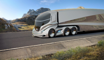 Fototapeta na wymiar 3D rendering of a brand-less generic concept truck. Electric autonomous truck in outside environment