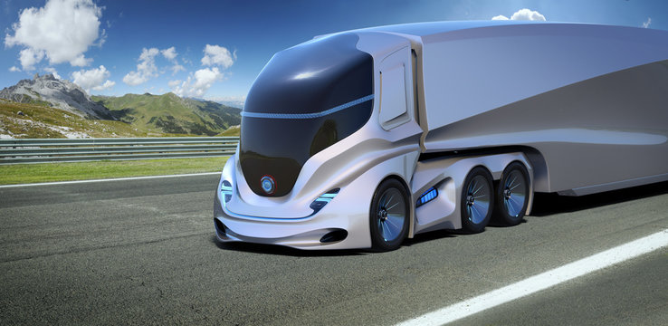 3D rendering of a brand-less generic concept truck. Electric autonomous truck in outside environment