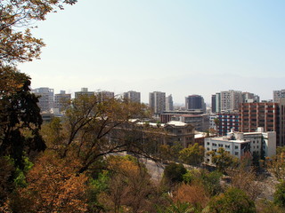 Obraz premium View on the town behind yellow and green trees, Santiago, Chile 