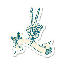 Fototapeta premium grunge sticker with banner of a skeleton hand giving a peace sign