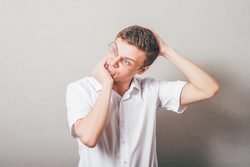 extremely shocked expressive guy with hands over his head