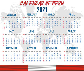 Peru Calendar with flag. Month, day, week. Simply flat design. Vector illustration background for desktop, business, reminder, planner