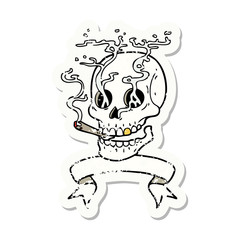 grunge sticker with banner of a skull smoking