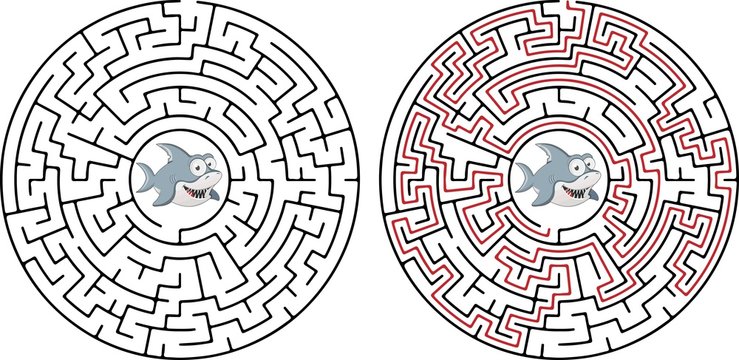 Game labyrinth find a way shark vector illustration