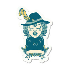 human bard character with natural 20 dice roll sticker