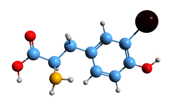 3D image of 3-Iodotyrosine skeletal formula - molecular chemical structure of Monoiodotyrosine isolated on white background
