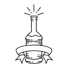 banner with black line work tattoo style beer bottle