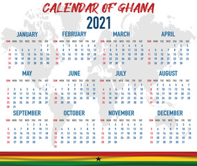 Ghana Calendar with flag. Month, day, week. Simply flat design. Vector illustration background for desktop, business, reminder, planner