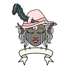 crying elf bard character face with banner illustration
