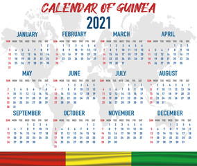 Guinea Calendar with flag. Month, day, week. Simply flat design. Vector illustration background for desktop, business, reminder, planner