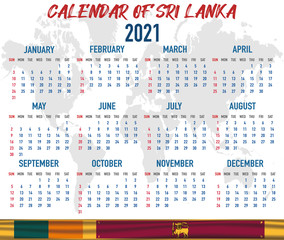 Sri Lanka Calendar with flag. Month, day, week. Simply flat design. Vector illustration background for desktop, business, reminder, planner