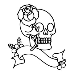 black linework tattoo with banner of a skull and rose