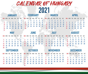 Hungary Calendar with flag. Month, day, week. Simply flat design. Vector illustration background for desktop, business, reminder, planner