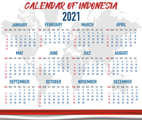 Indonesia Calendar with flag. Month, day, week. Simply flat design. Vector illustration background for desktop, business, reminder, planner