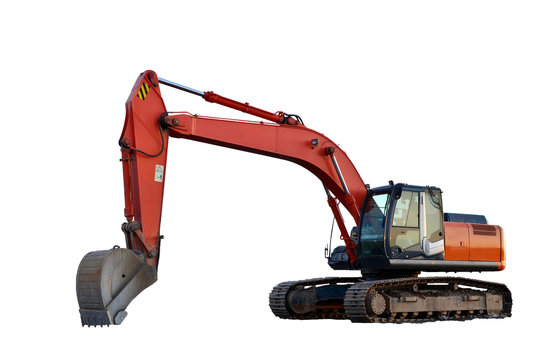 Red tracked excavator isolated on white background. Isolation of Backhoe at a construction site