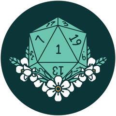 natural one dice roll with floral elements icon