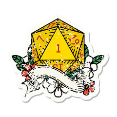 natural one d20 dice roll grunge sticker