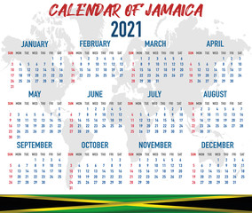 Jamaica Calendar with flag. Month, day, week. Simply flat design. Vector illustration background for desktop, business, reminder, planner
