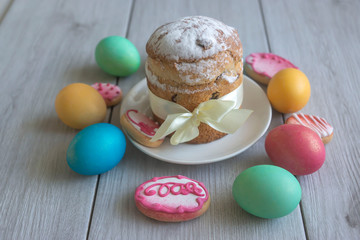 Easter colored eggs, traditional Easter cake and other treats for the holiday.